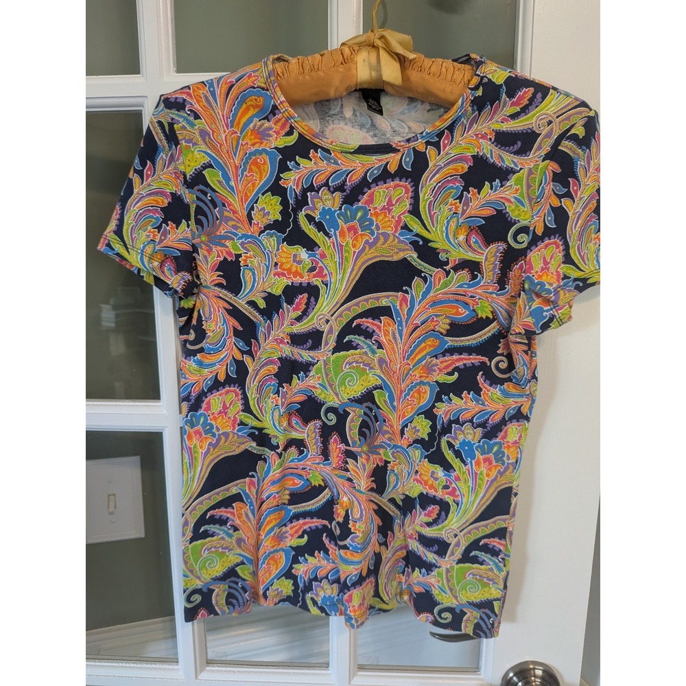 Lauren Ralph Lauren Large Paisley Floral Cotton Short Sleeve Top Navy Multi